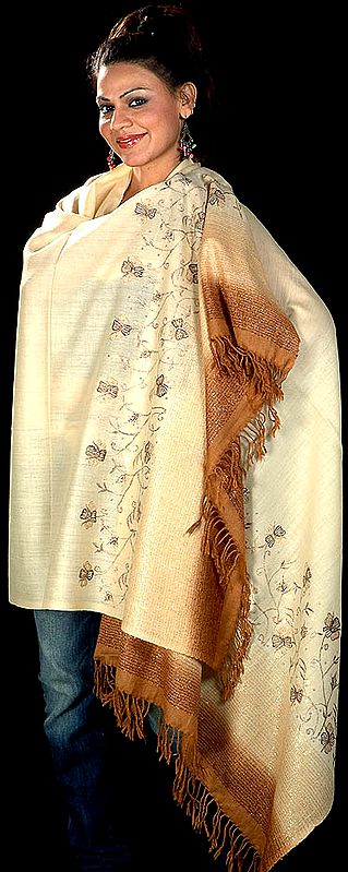 Ivory and Brown Shawl with Floral Embroidery