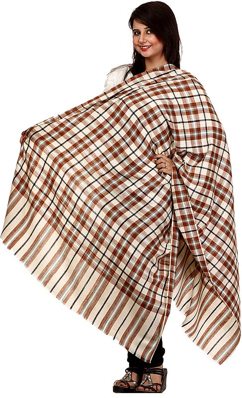 Ivory and Brown Woven Plaid Pashmina Shawl