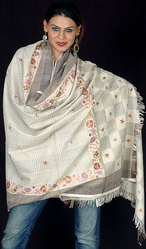 Ivory and Gray Kullu Shawl with Floral Embroidery