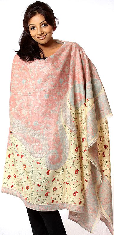 Ivory and Peach Paisley Shawl with Needle Stitch Embroidery All-Over