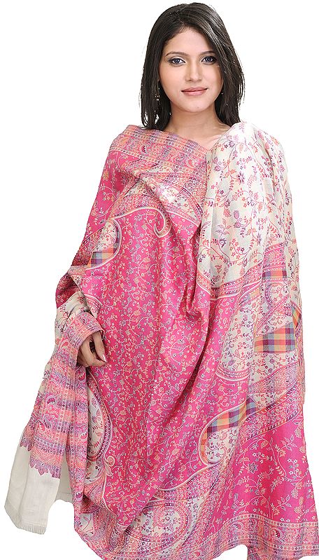 Ivory and Pink Jamawar Shawl with Woven Flowers and Paisleys
