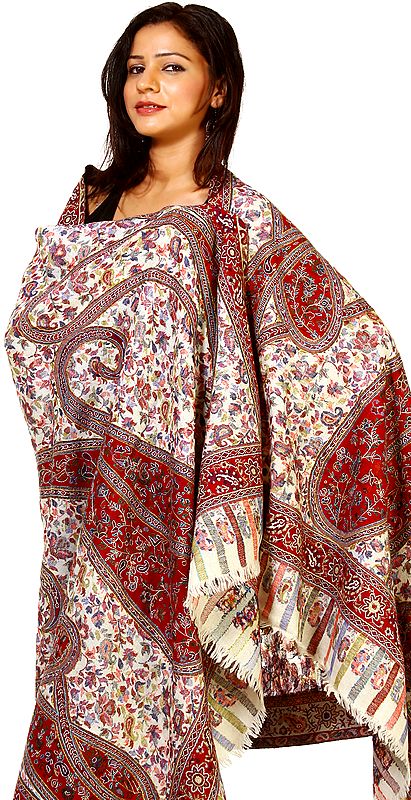 Ivory and Red Kani Shawl with Woven Paisleys and Flowers All-Over in Multi-Color Thread