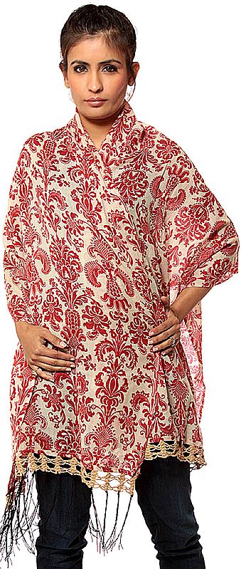 Ivory and Red Printed Stole