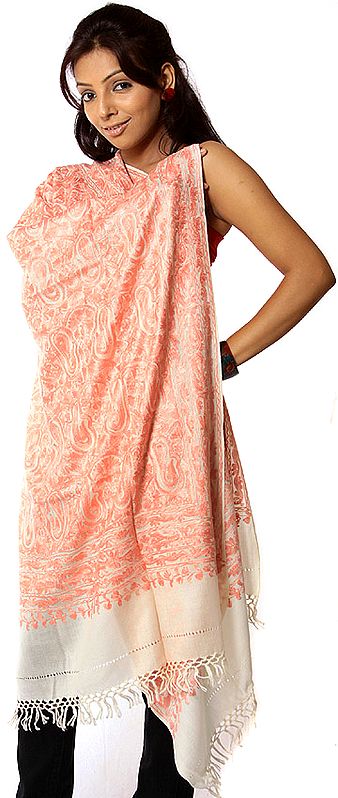 Ivory and Salmon Stole with Aari Embroidery All-Over