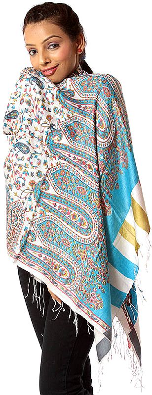 Ivory and Turquoise Kani Printed Stole