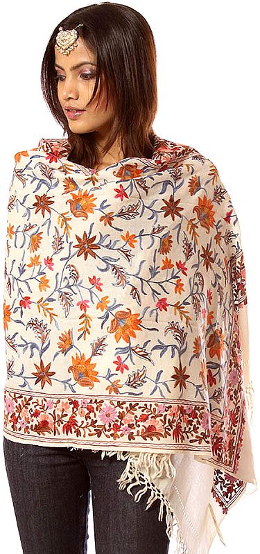 Ivory Aari Stole with Multi-Color Embroidered Flowers