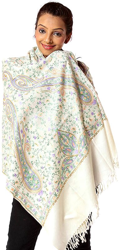 Ivory Aari Stole with Multi-Color Embroidered Paisleys