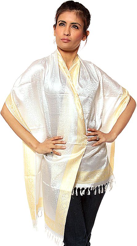Ivory Banarasi Hand-Woven Scarf with All-Over Tanchoi Weave