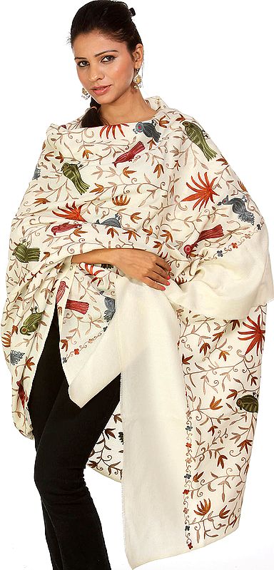 Ivory Crewel Shawl with Embroidered Birds