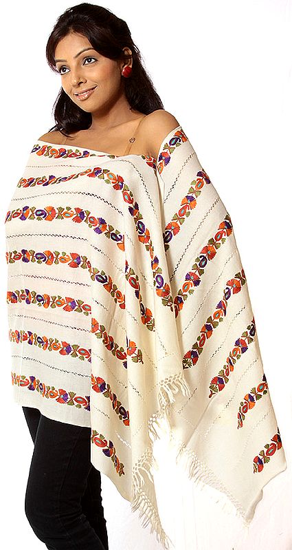 Ivory Designer Stole with Multi-Color Aari Embroidery