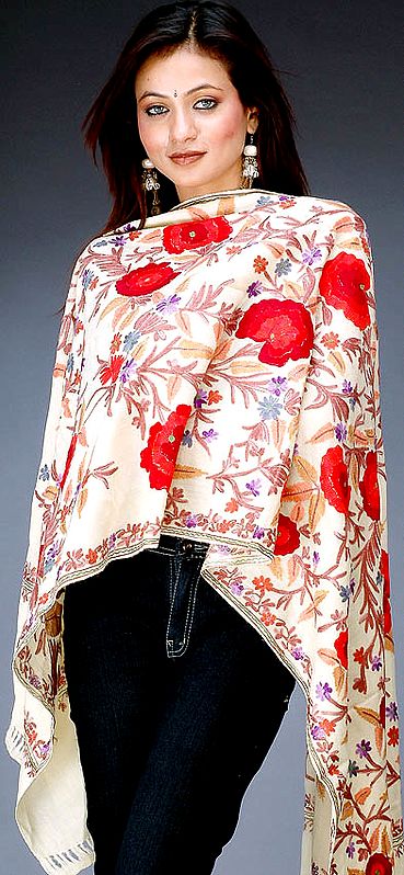 Ivory Floral Stole with Aari-Embroidery