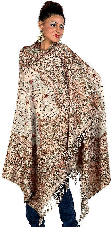 Ivory Jamawar Shawl with Needle-Stitch Embroidery by Hand