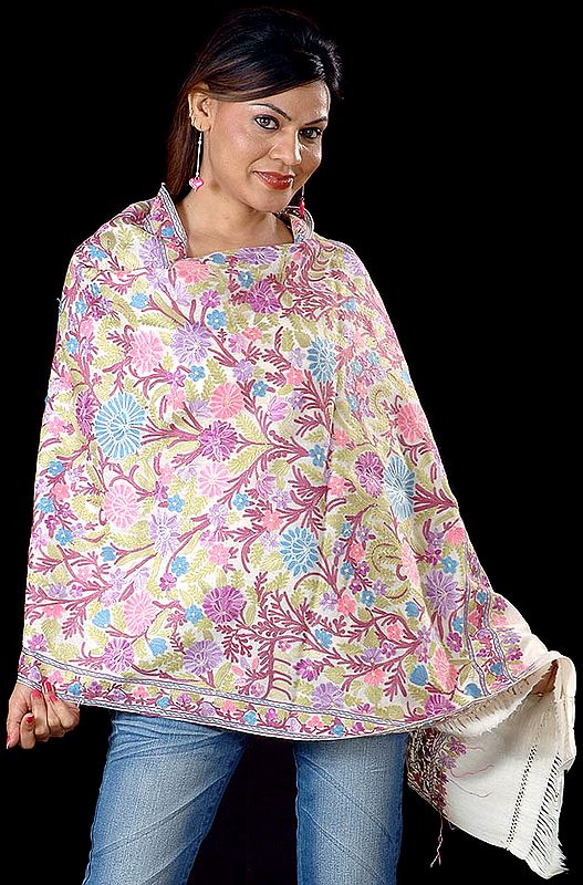 Ivory Jamdani Stole from Kashmir with Crewel Embroidered Flowers