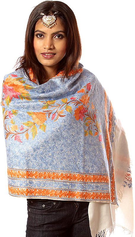 Ivory Jamdani Stole from Kashmir with Dense Floral Embroidery