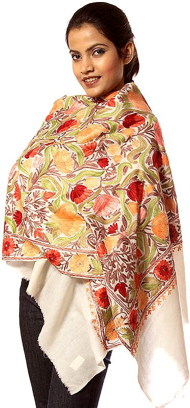 Ivory Jamdani Stole from Kashmir with Dense Floral Embroidery All-Over