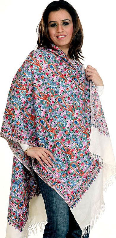 Ivory Jamdani Stole from Kashmir with Multi-Color Paisley Embroidery