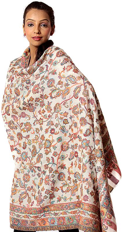 Ivory Kani Pure Pashmina Shawl with Multi-Color Thread Weave