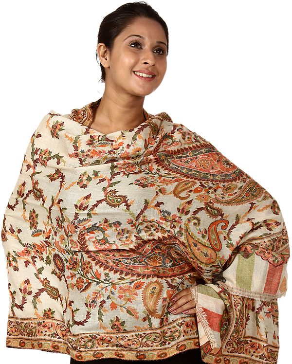 Ivory Kani Pure Pashmina Stole with All-Over Woven Paisleys