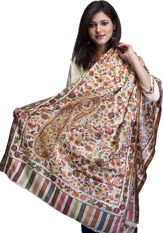 Ivory Kani Pure Pashmina Stole with Woven Paisleys and Flowers in Multi-Color Threads