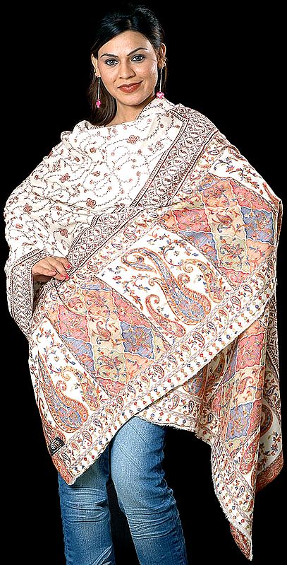 Ivory Kani Shawl with Multi-Color Weave and All-Over Embroidery