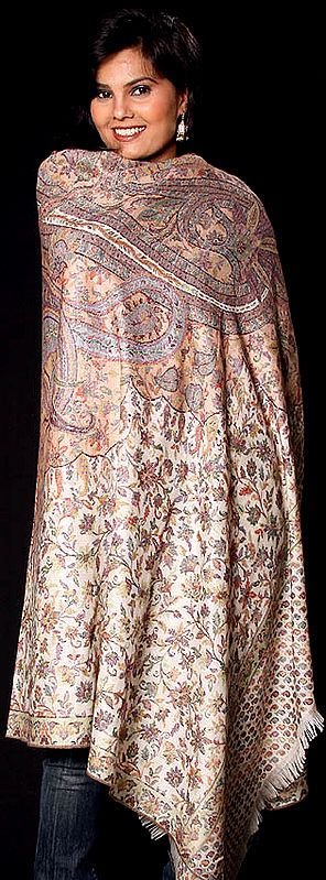 Ivory Kani Shawl with Multi-Color Woven Flowers and Paisleys
