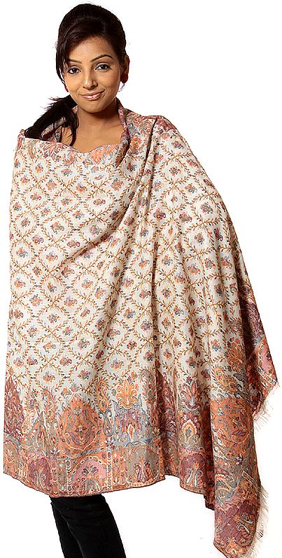 Ivory Kani Shawl with Multi-Color Woven Jaal