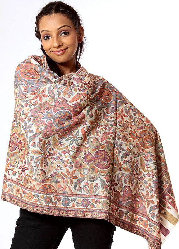 Ivory Kani Stole with Multi-Color Thread Weave All-Over