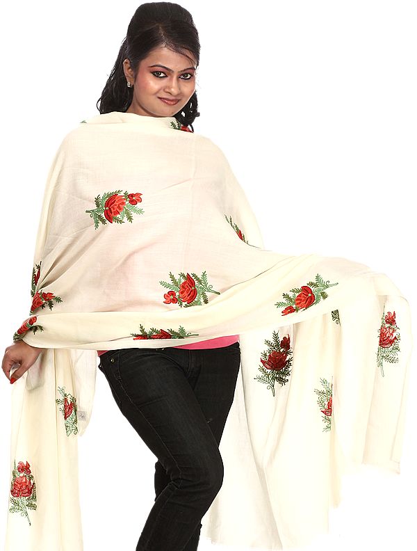 Ivory Kashmiri Shawl with All-Over Hand-Embroidered Flowers