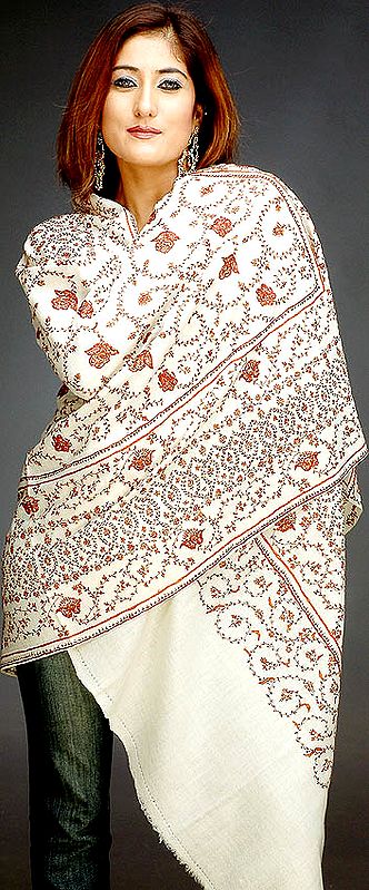 Ivory Kashmiri Shawl with Dense Needle Embroidery by Hand