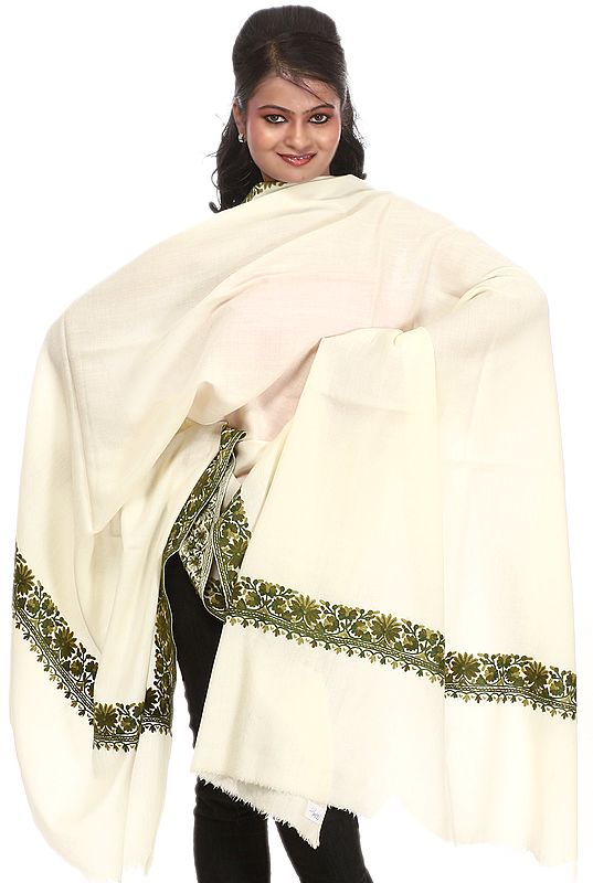 Ivory Kashmiri Shawl with Hand Embroidered Flowers on Border