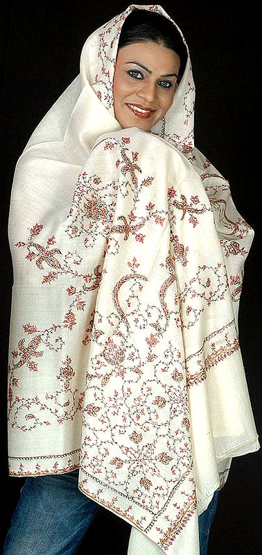 Ivory Kashmiri Shawl with Needle-Stitch Embroidery