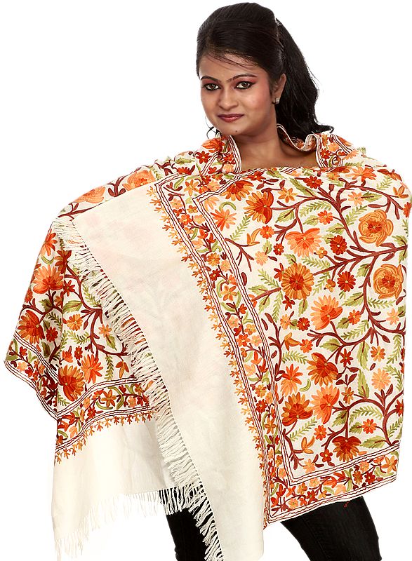Ivory Kashmiri Stole with Aari Embroidered Flowers All-Over