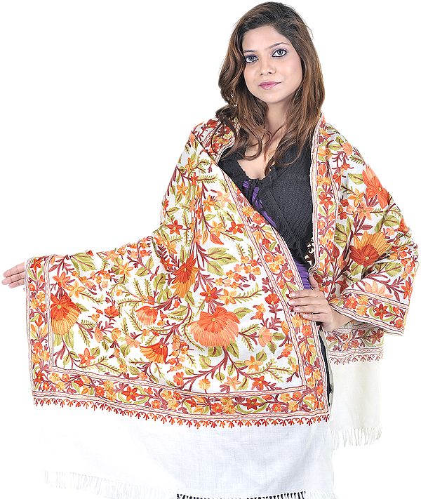 Ivory Kashmiri Stole with Aari-Embroidered Flowers All-Over