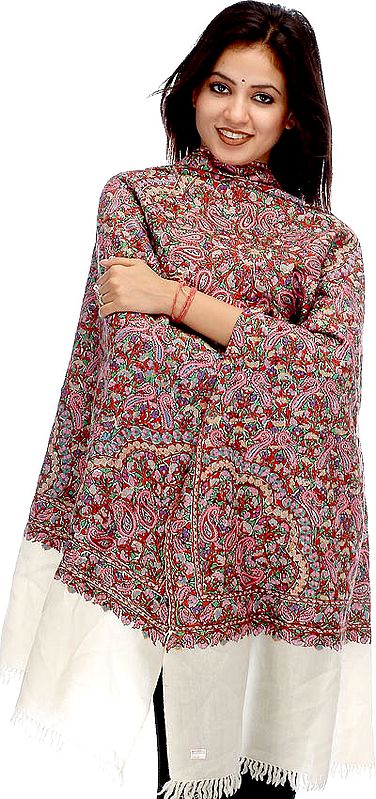 Ivory Kashmiri Stole with Dense Hand-Embroidery Resembling Papier Machie