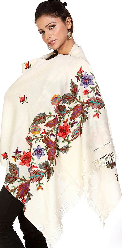 Ivory Kashmiri Stole with Hand-Embroidered Flowers on Border