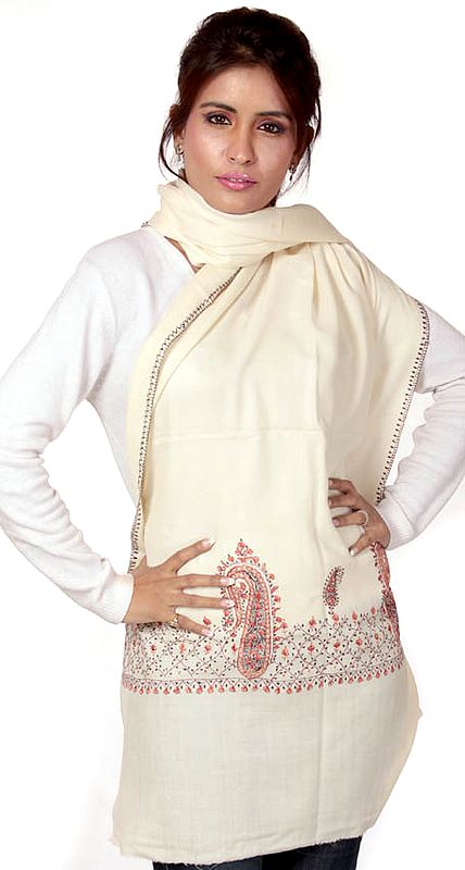 Ivory Kashmiri Stole with Hand-Embroidered Paisleys