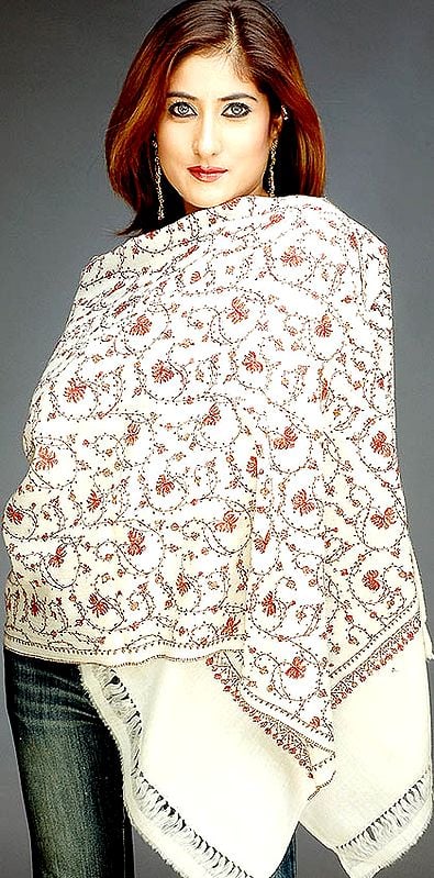 Ivory Kashmiri Stole with Jaal Embroidery