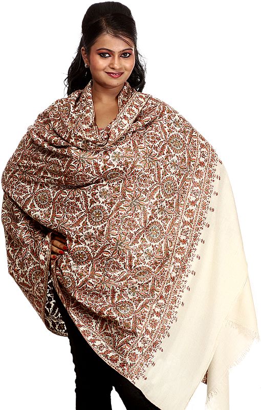 Ivory Original Pure Pashmina Shawl with Hand Embroidered Flowers All-Over