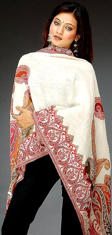 Ivory Paisley Jamawar Stole with Design in Self