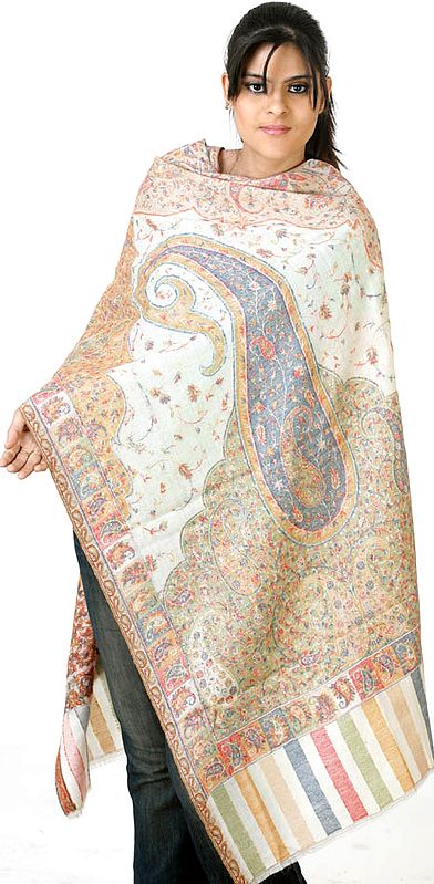 Ivory Paisley Kani Shawl with All-Over Multi-Color Weave