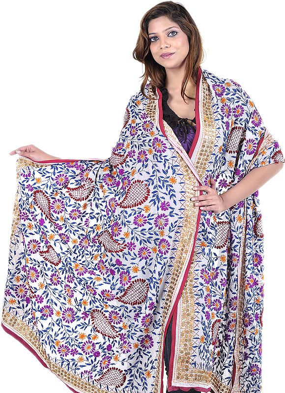 Ivory Phulkari Dupatta from Punjab with Aari-Embroidered Flowers and Paisleys by Hand