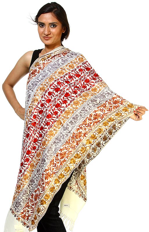 Ivory Phulkari Stole with All-Over Aari-Embroidery