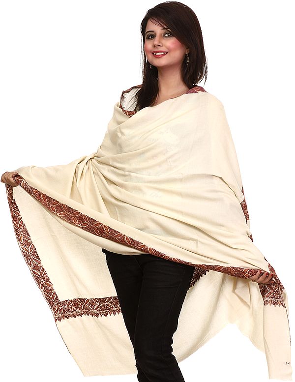 Ivory Pure Pashmina Shawl from Kashmir with Hand-Embroidered Meenakari Border