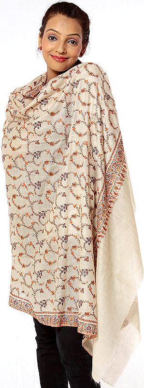 Ivory Pure Pashmina Shawl with All-Over Kashmiri Embroidery by Hand