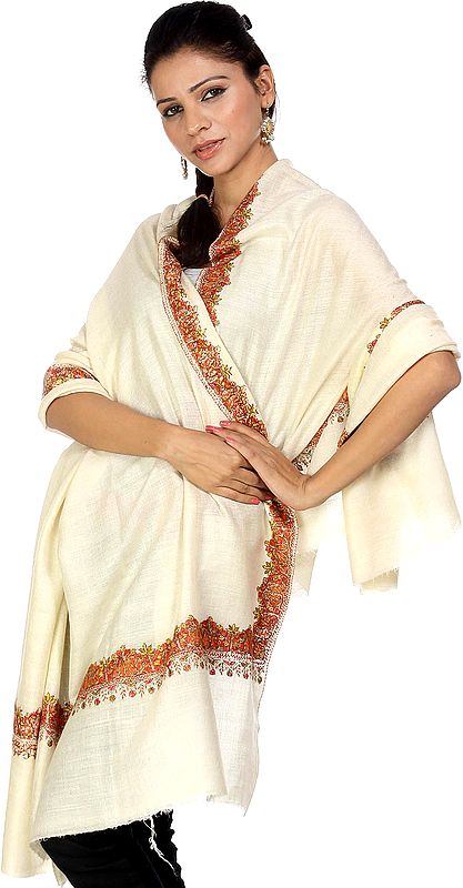 Ivory Pure Pashmina Shawl with Hand-Embroidered Meenakari Border