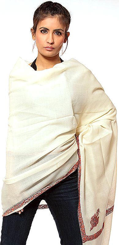 Ivory Pure Pashmina Shawl with Needle Embroidery by Hand on Borders