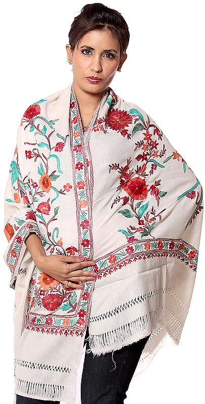 Ivory Shawl  from Kashmir with Crewel Embroidered Flowers