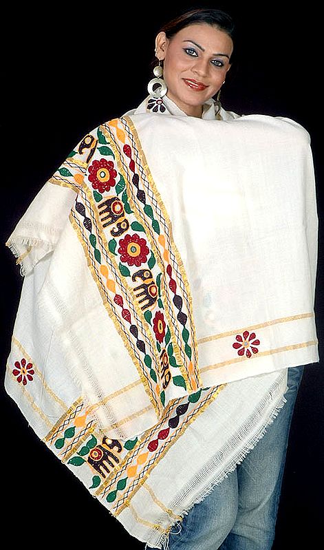 Ivory Shawl from Kutchh with Aari-Embroidered Elephants