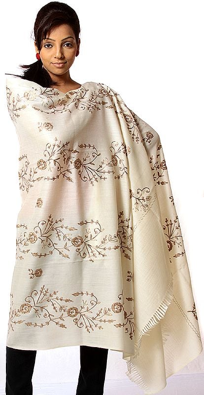 Ivory Shawl with Aari Embroidery in Golden Thread