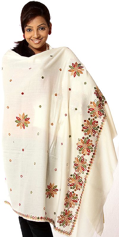 Ivory Shawl with Crewel Embroidered Flowers and Mirrors